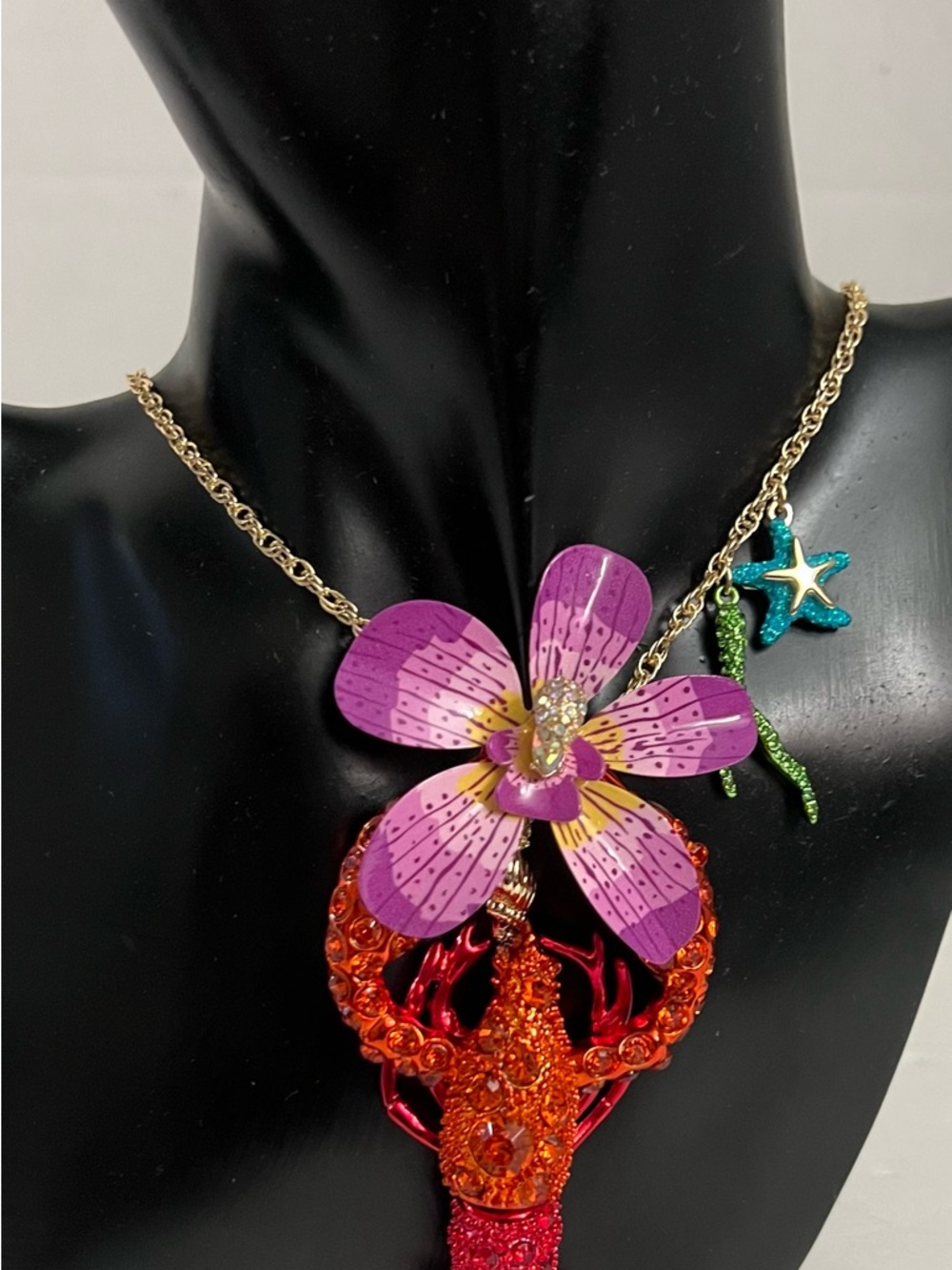 Betsey Johnson Purple, Pink & Orange Lobster Flower Pendant Necklace - Picture 7 of 16
